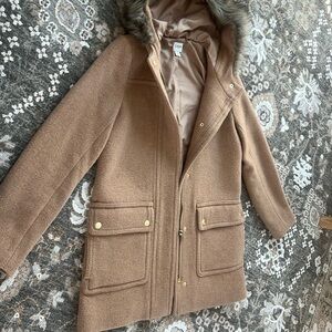 J. Crew Tan Pea Coat with Faux Fur Hood